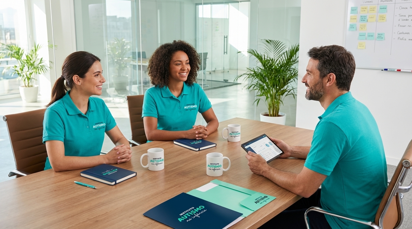 Equipe com materiais da marca